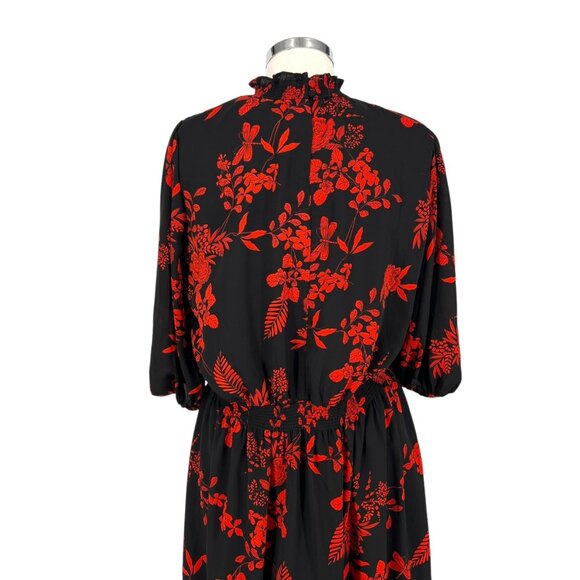 Nanette Lepore Floral Midi A-Line Dress High Neck Black Red Size 12 - Picture 8 of 12